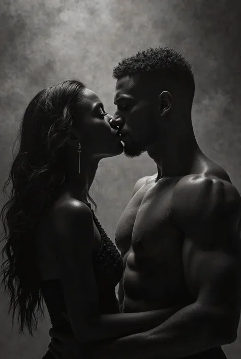 Black and white image with a dim background with a faint vaporous light from above, Close-up image of a black woman with very long wavy hair almost kissing a tall white man, big, very strong very stocky and very muscular with short hair 