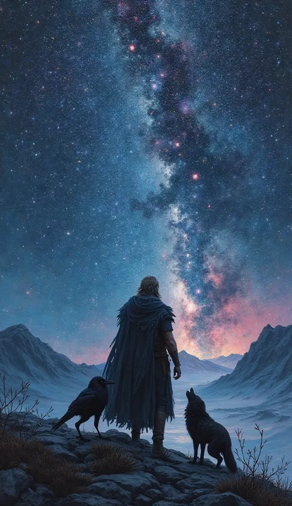 "In charcoal technique, Odin is alone under a starry sky of vibrant and brilliant tones. At your side, a raven and a wolf, symbols of his wisdom and power, accompany him on the magical night. The scene captures the profound connection between the Norse god...