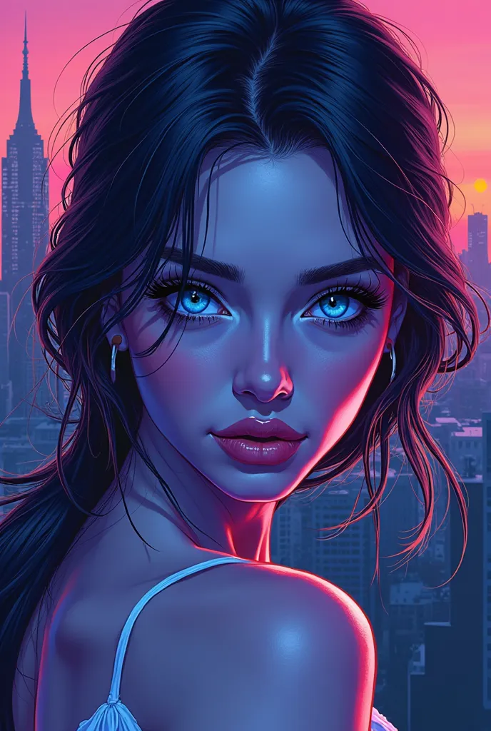 Create a logo with vivid colors, and a simple city-themed background featuring a realistic woman with, eyes open in shades of blue and purple.







