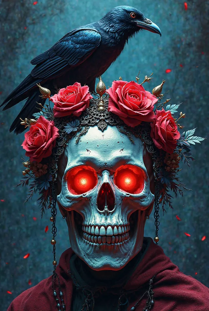 "A bright fantasy illustration of a skull crowned with roses and gothic filigree, with a shadowy raven perched on top. Highly detailed, dramatic lighting, and deep contrast between dark and glowing red or blue highlights."