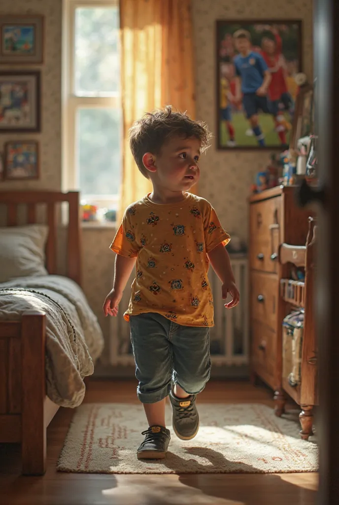 Create a realistic image of a boy walking in his room.  That this is on the side And in the background that this is a photo of the boy with his friend wearing soccer team clothes