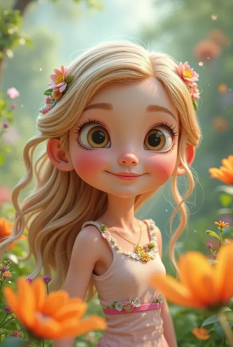 Create a 3D Teenager, disney style, pretty adorable, with light eyes and long hair, with flowers 