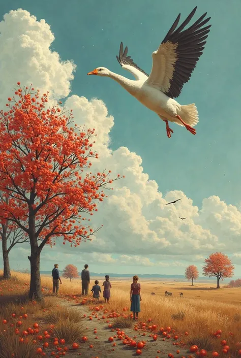 Create an image of this description. The place is an empty moorland which doesn't have enough trees around it. But there are some trees which have red fruits. Around these trees there are some women and men. Also, In the sky there is a giant goose with its...