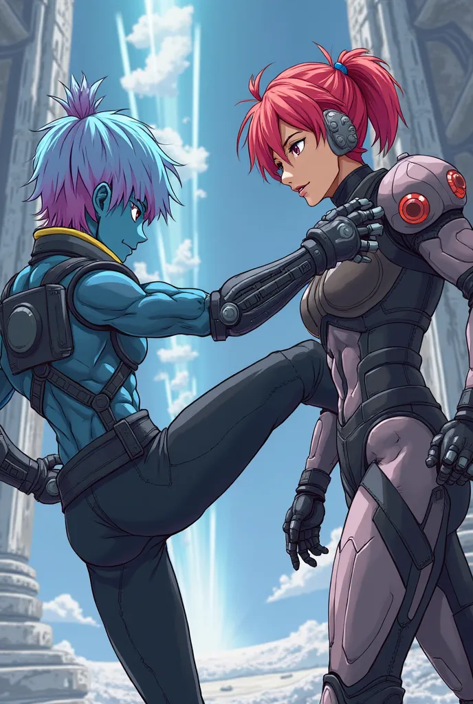 kicking close up shot of cartoon anime style. one male character he has all blue skin, pink man bun hair and robotic arm only right one. other character he has red hair and wearing tactical suit, covid metallic mask, futuristic temple, close up feet, comic...