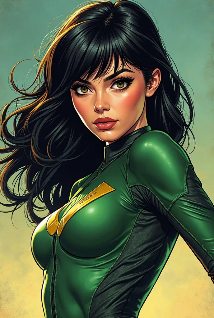 DC comics panel, a girl with black hair and bangs, big brown eyes and dark, arched eyebrows, wearing a femine version of green arrows suit