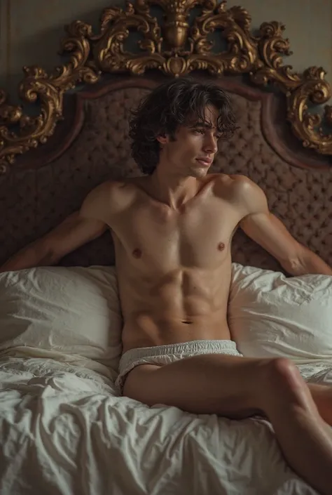 Realistic and detailed, Gothic, 18-year-old male , with shoulder-length curly hair, slim body skiny and delicate and elegant, slightly leaning against the back of a large royal bed, your legs lying on the mattress too, and wearing only a swimsuit, Full bod...