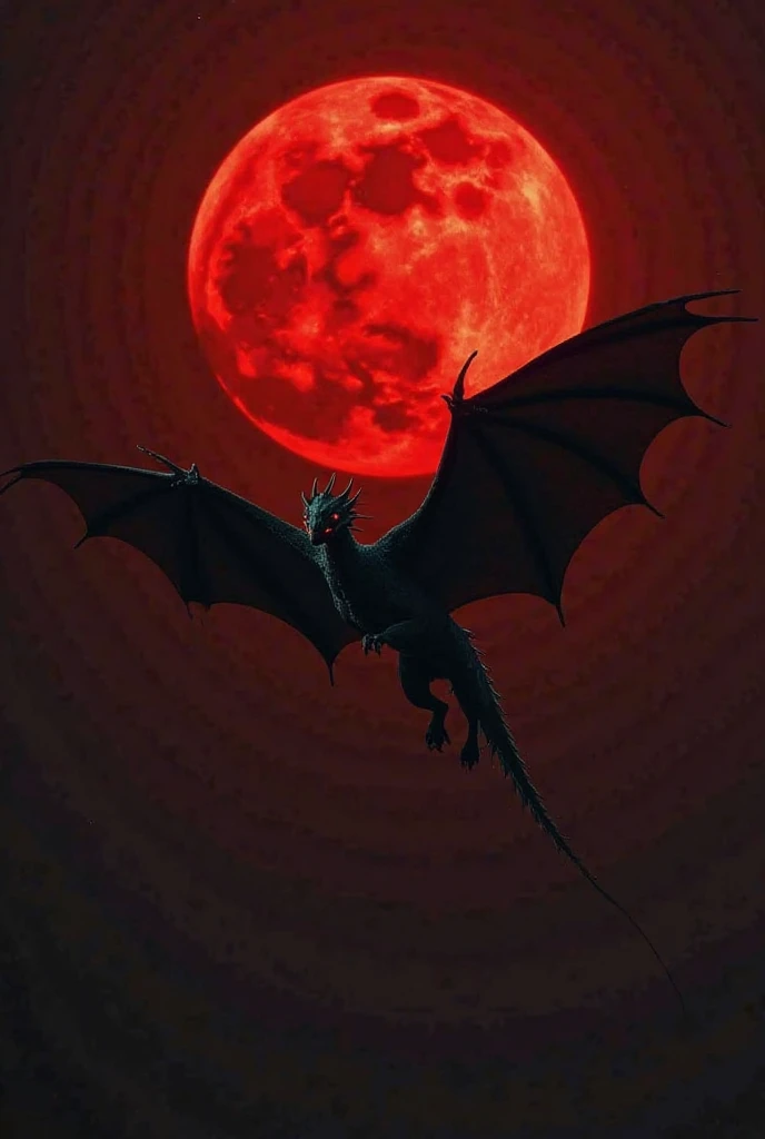 A bloody red full moon in the sky. In front of her, a huge black dragon with powerful wings is flying in the dark sky. His black body reflects the bloody light of the moon. He flies forward and looks forward, looking for a victim. HIS body with wings fits ...