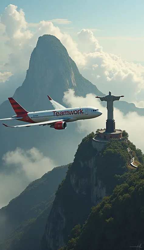  ultra-realistic , photorealistic, an airplane with a flag written Teamwork on the background of the plane passing in front of Christ the Redeemer in Rio de Janeiro in the image of to get a good look at the name Teamwork 