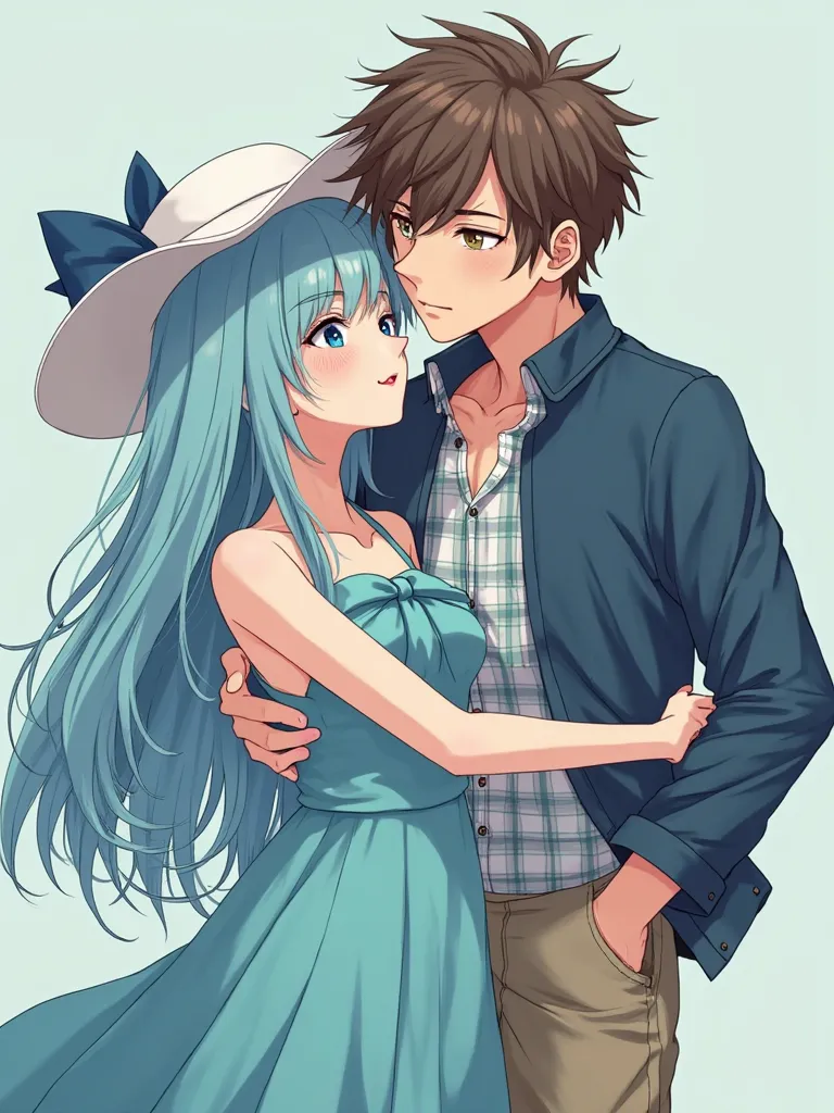 anime emaciated young adult boyfriend thick rounded long brown rough hair going down the neck ahoge on the back of head and short sleeve blue jacket checkered shirt underneath hugging rounded inflated girl with long sky blue waterfall hair wearing big whit...