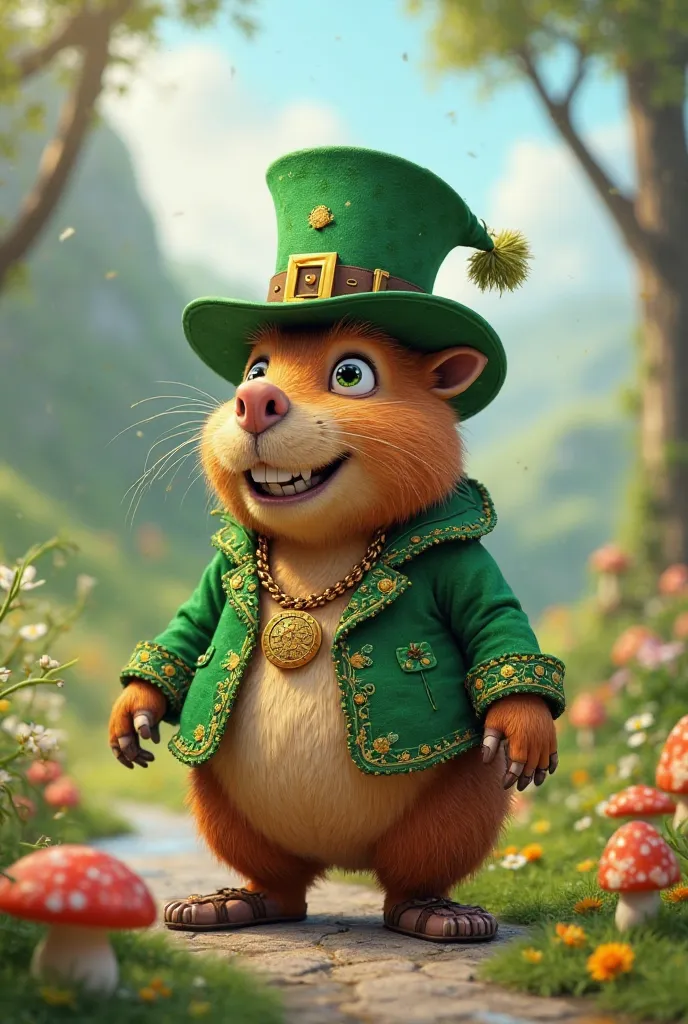 Animated capybara disguised as a Leprechaun goblin 