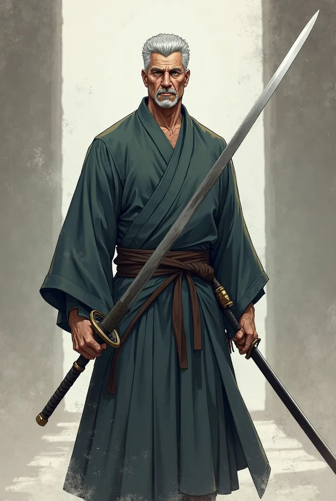 Anime Man He has short gray hair and carries a sword and a swordHe has short gray hair and holds a sword and he has 30 year 