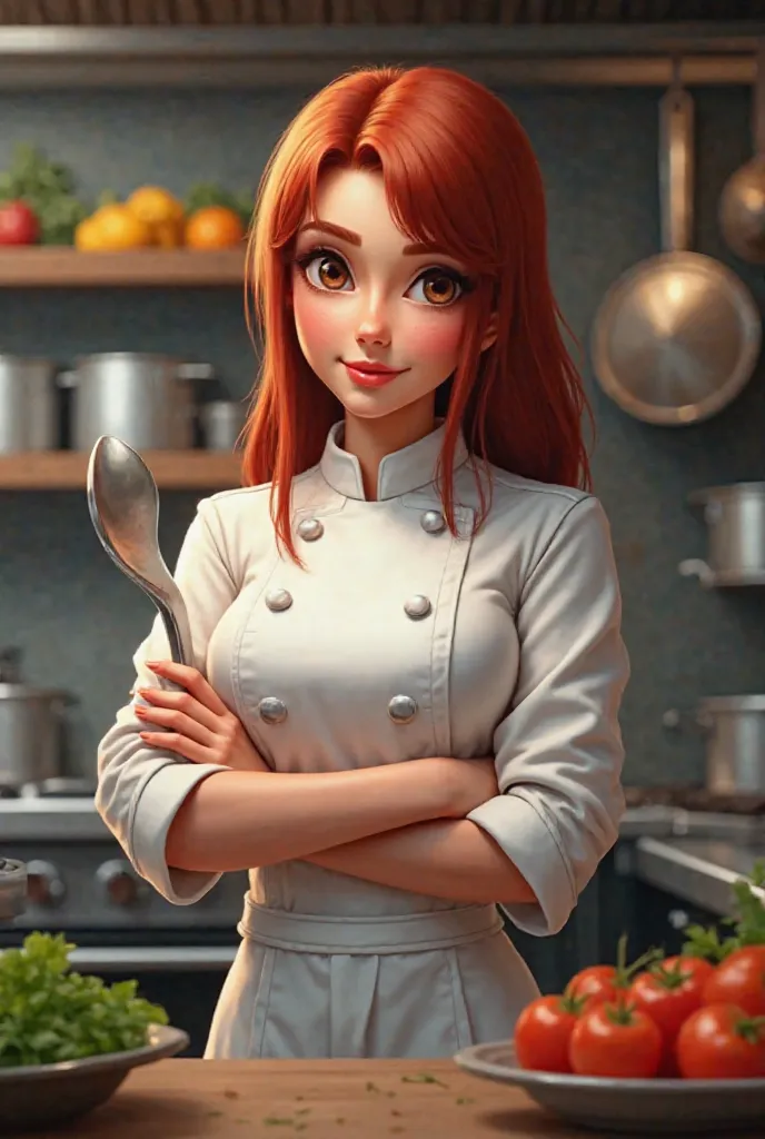 Black chef,  with brown eyes,  Full lips, straight red hair holding a spoon