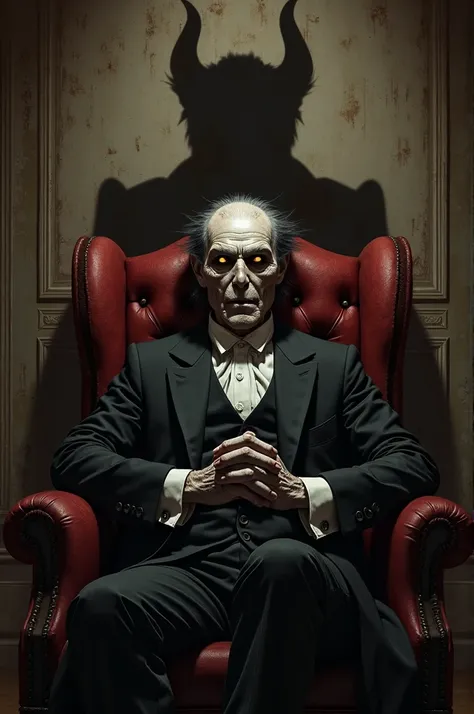 Give me an image of Alastor the demon of the radio hazbin hotel but in his human form, like Roderick Usher from the "The Fall of the House Usher", sitting in an armchair with a macabre smile with his shadow 