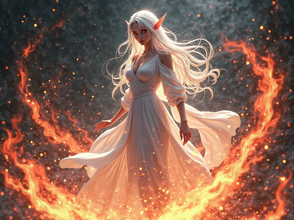 Make a Cover Brazilian Phonk to create an anime elf with white eyes and that she's dressed in white clothes and she's screaming black, white, red fire!