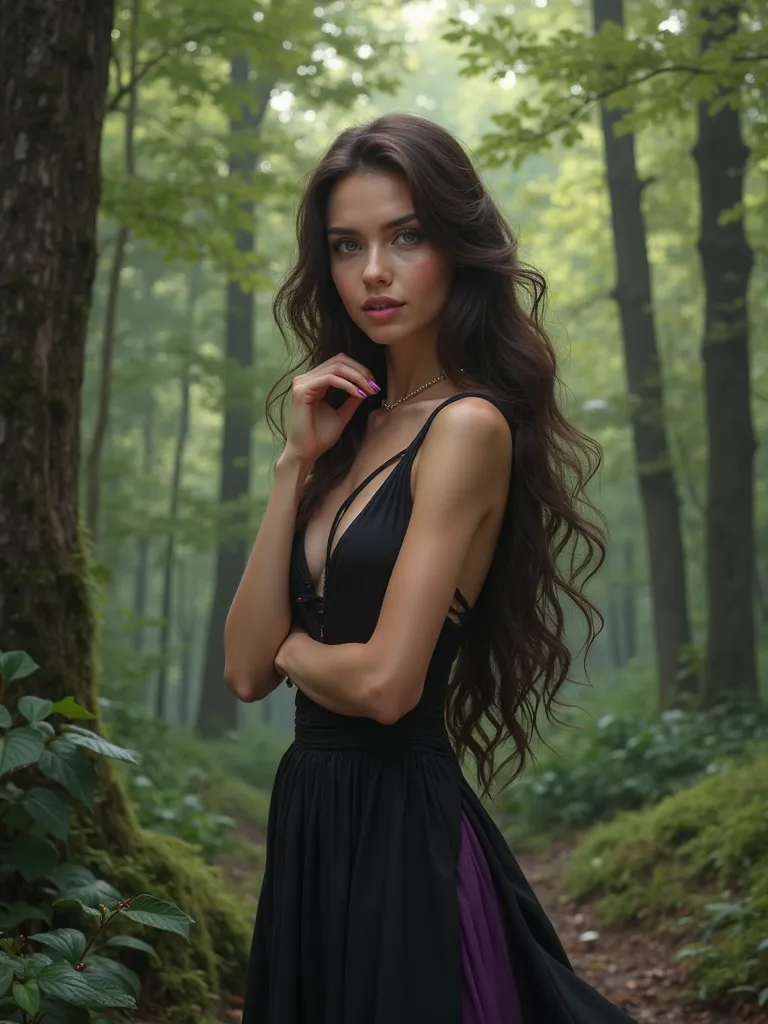 Create the realistic image of an adult woman, Green-eyed with long dark brown hair, with a white complexion wearing an elegant black dress with purple, In the background add a forest.  