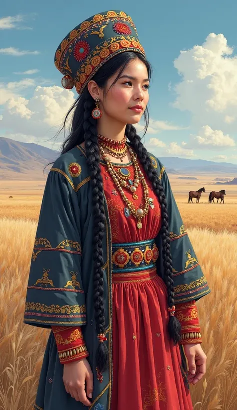 "Digital illustration in modern art style: A beautiful Kalmyk woman in traditional national costume stands against the backdrop of the vast steppe Republic of Kalmykia. Ее long черные волосы заплетены в two braids, decorated with ribbons with embroidered. ...