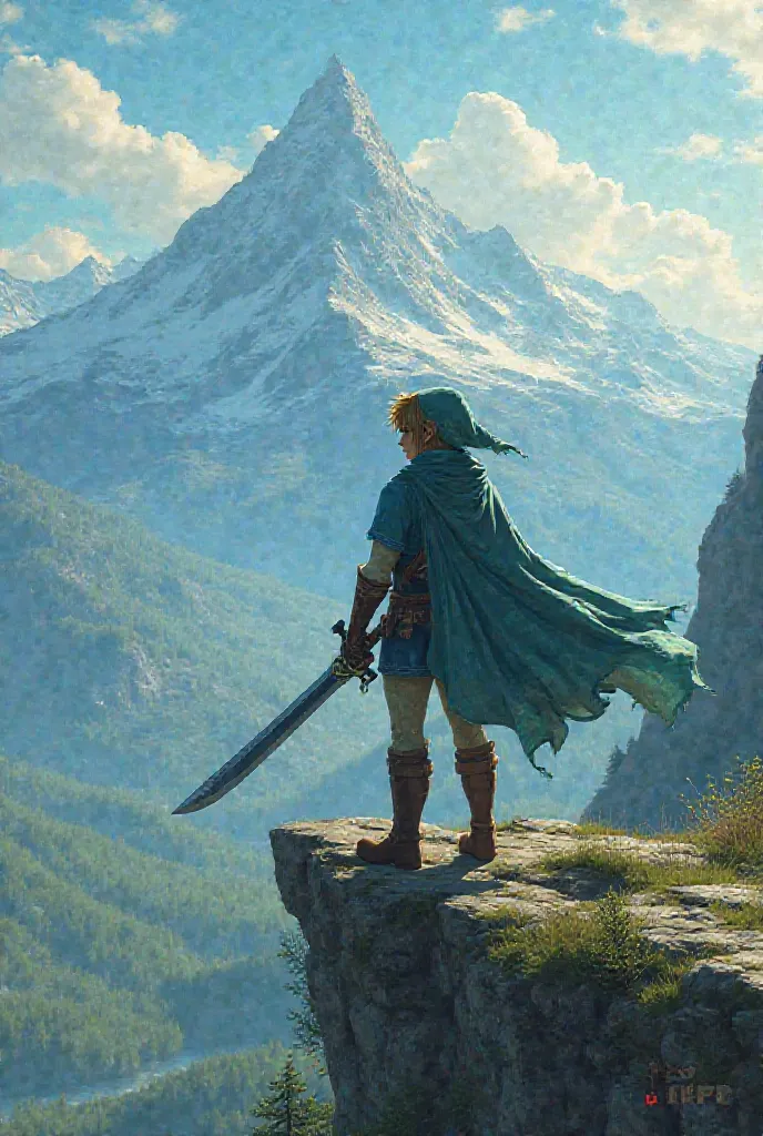 Breath of the wild link in a hood with the master sword in hand standing over a cliff 