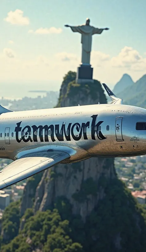  ultra-realistic , photorealistic, An airplane with a flag written Teamwork airplane passing in front of Christ the Redeemer in Rio de Janeiro in the image of to get a good look at the name Teamwork 