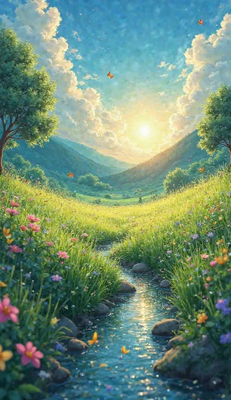 An amazing natural scene in the style of Studio Ghibli:

At the beginning of dawn, the golden rays of the sun flood a wide field covered with emerald green grass, where dew drops shine on the leaves as small precious stones. reflects bright and bright colo...