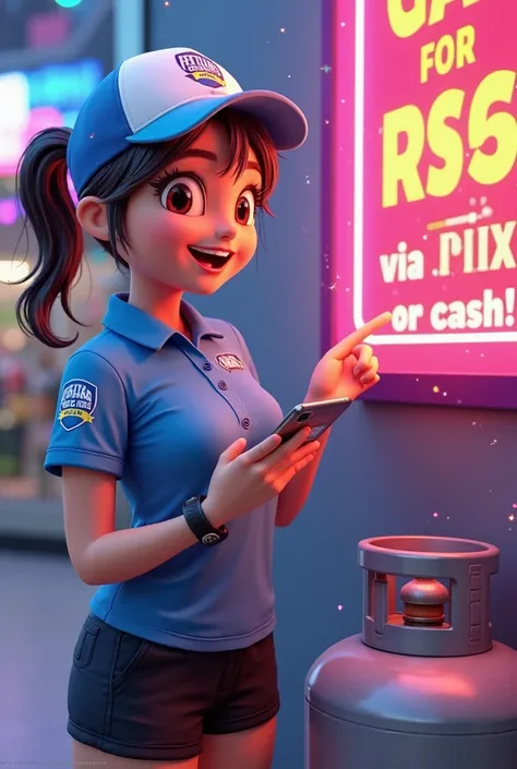 Character: Penha, now wearing a blue and white polo shirt with the ‘Penha Gás’ logo embroidered on the sleeve. It is paired with black cargo shorts, giving her a professional and relaxed look. She is wearing a white and blue cap with the logo on the front ...