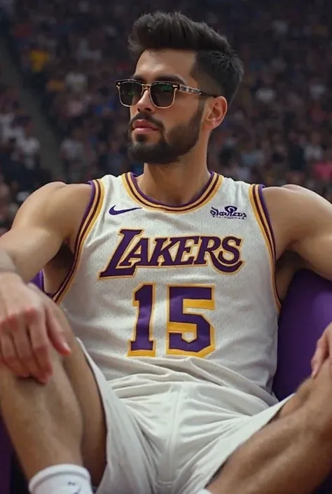  Handsome 26-year-old man,  bad boy vibes , short black quiff hair,  short beard , round face, marked jaw,  natural green eyes, large body,  athletic and muscular , perfect skin with shine with a white Los Angeles Lakers tank top jersey number 15 , white s...