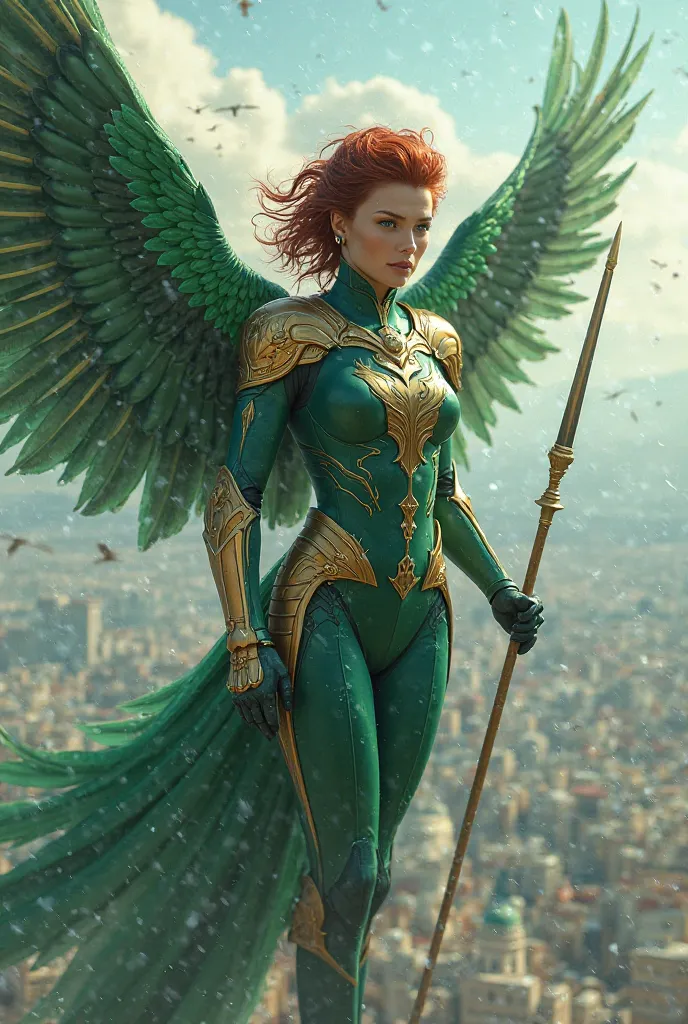 Une guerrière humanoïde avec des ailes d'oiseau de couleur brunes. Elle aurait les cheveux courts rouges flamboyants, les yeux bleus, la peau claire et porterait une uniforme dans les tons vert émeraude comprenant des parties d'armures de protection dorées...