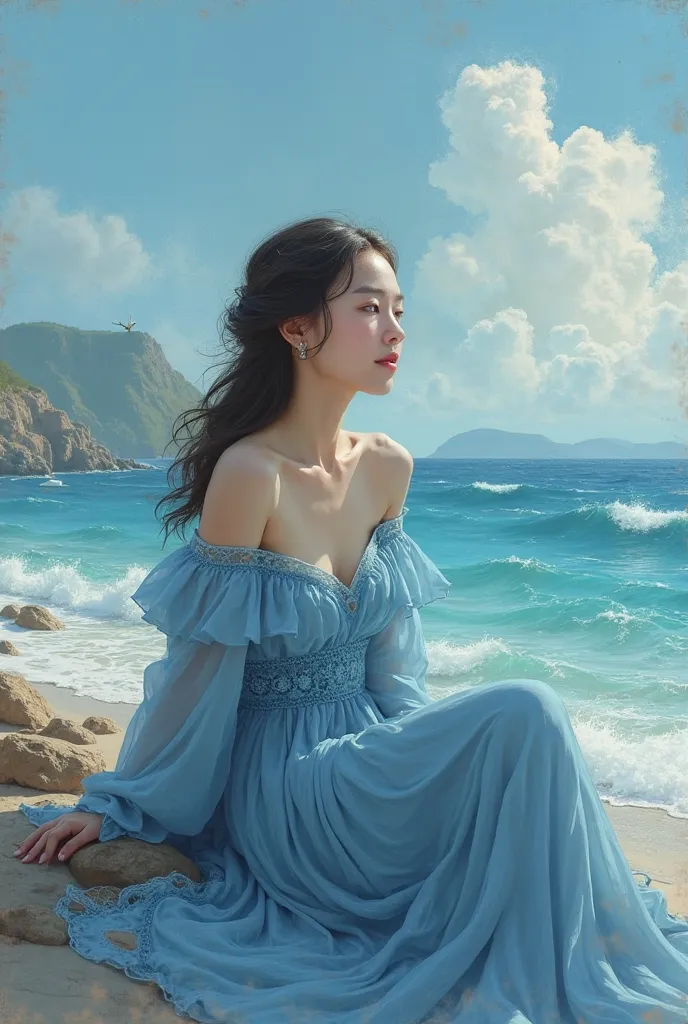 Now she generates the same girl but seated with a seascape behind and wearing a blue dress 