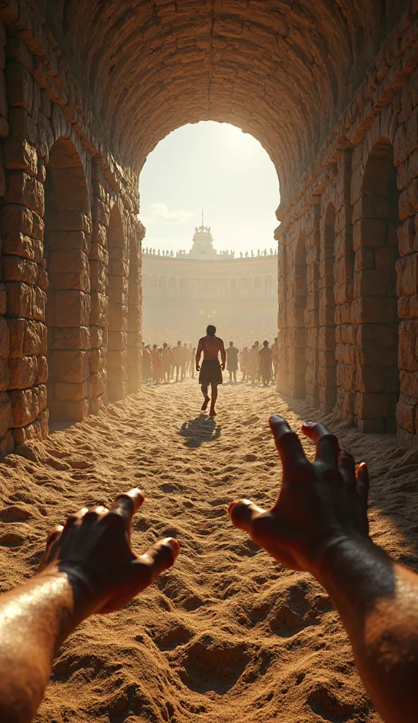 A hyper-realistic first-person perspective of a gladiator walking through a dark stone tunnel, emerging from an underground prison into the grand Roman arena. The viewer sees their own hands and arms in the foreground, rough and scarred from battle. The br...