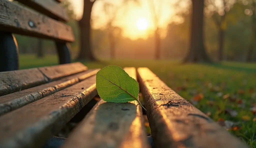 A green leaf on a park bench at sunset. 