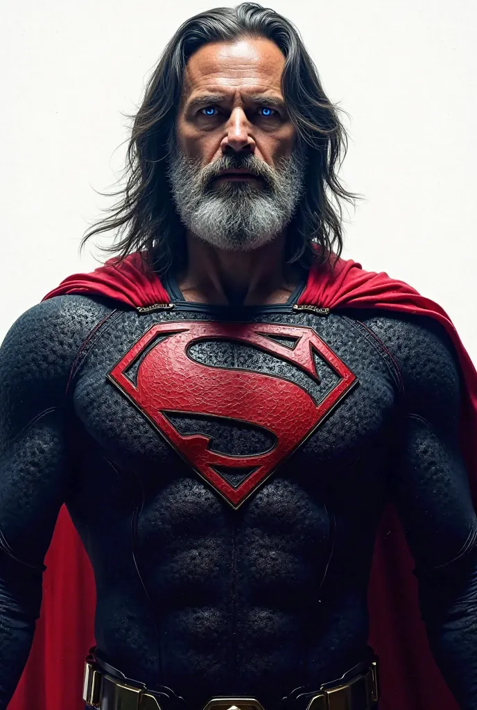 Un homme avec des cheveux longs noirs il a des yeux bleus il a une barbe blanche il a un costume de super man tout noir et rouge et le logo sur le torse s'est la lettres n avec un arrière-plan blanc 