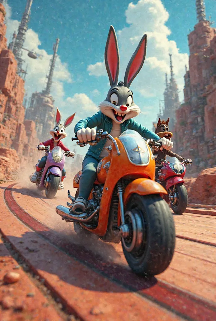 Create an image of the Loony Tunes on traveling track motorcycles , In the background antennas , Let Tazmania come out all the Loony Tunes on motorcycles
