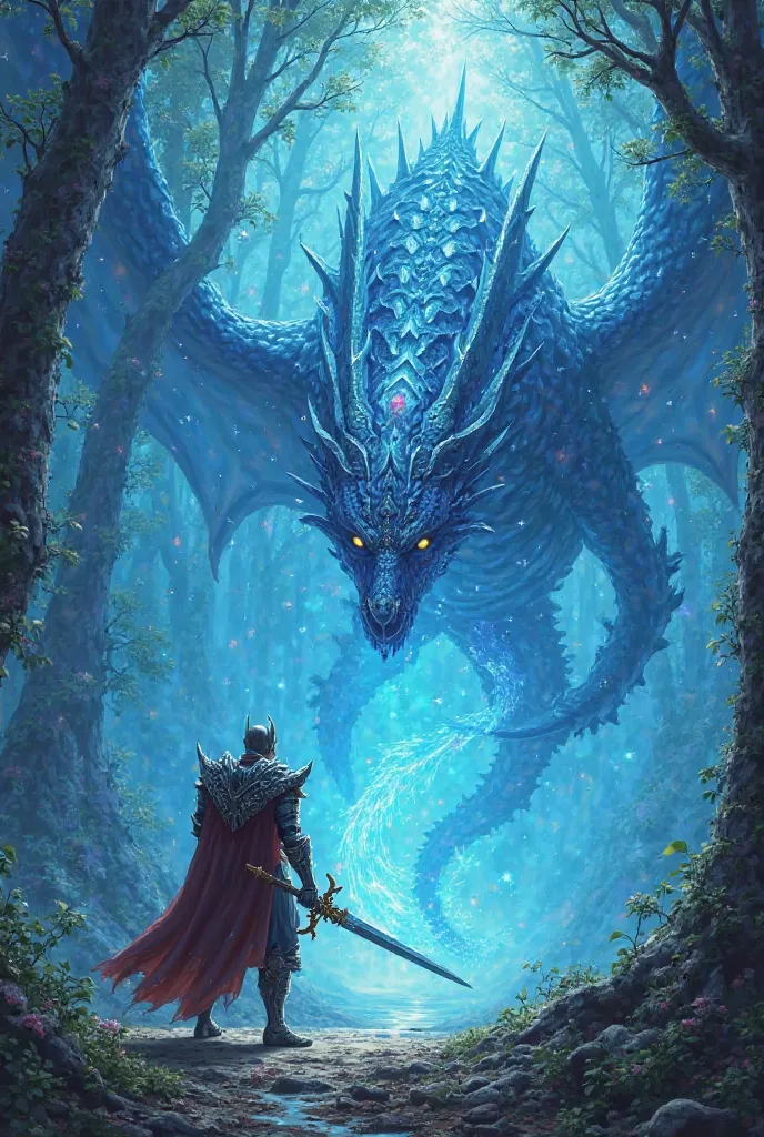 I want you to create a medieval fantasy image, of a gentleman fighting a dragon in an enchanted blue forest