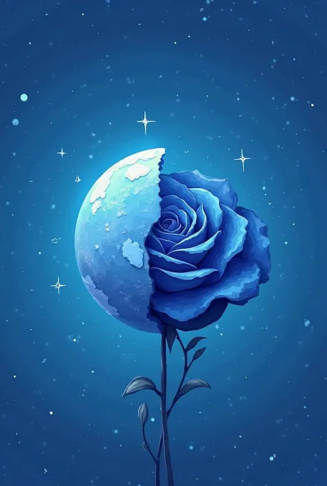 Generate an image where the background is flat blue with small dots detailed in gradient, not very saturated in front of the foreground, a planet split in half of which they are making a blue flower similar to a rose that has very little detail in the gene...