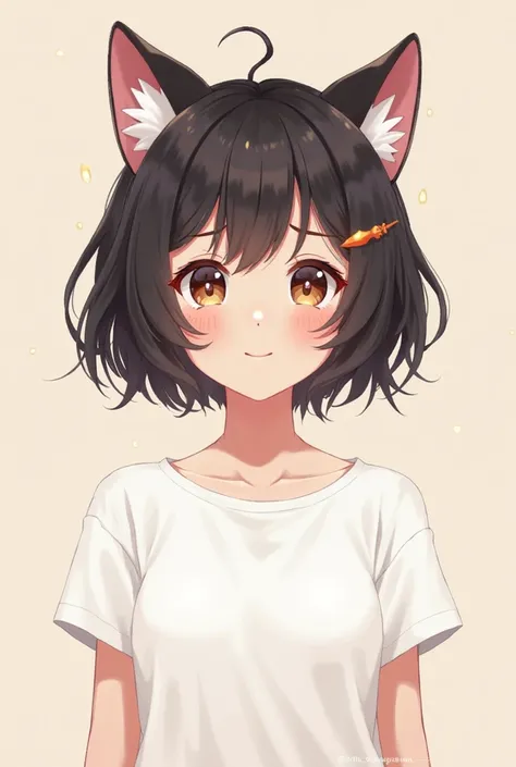 Girl with short black hair, cat ears ,  with brown eyes,  with a smile on his face.  She is wearing a white t-shirt .