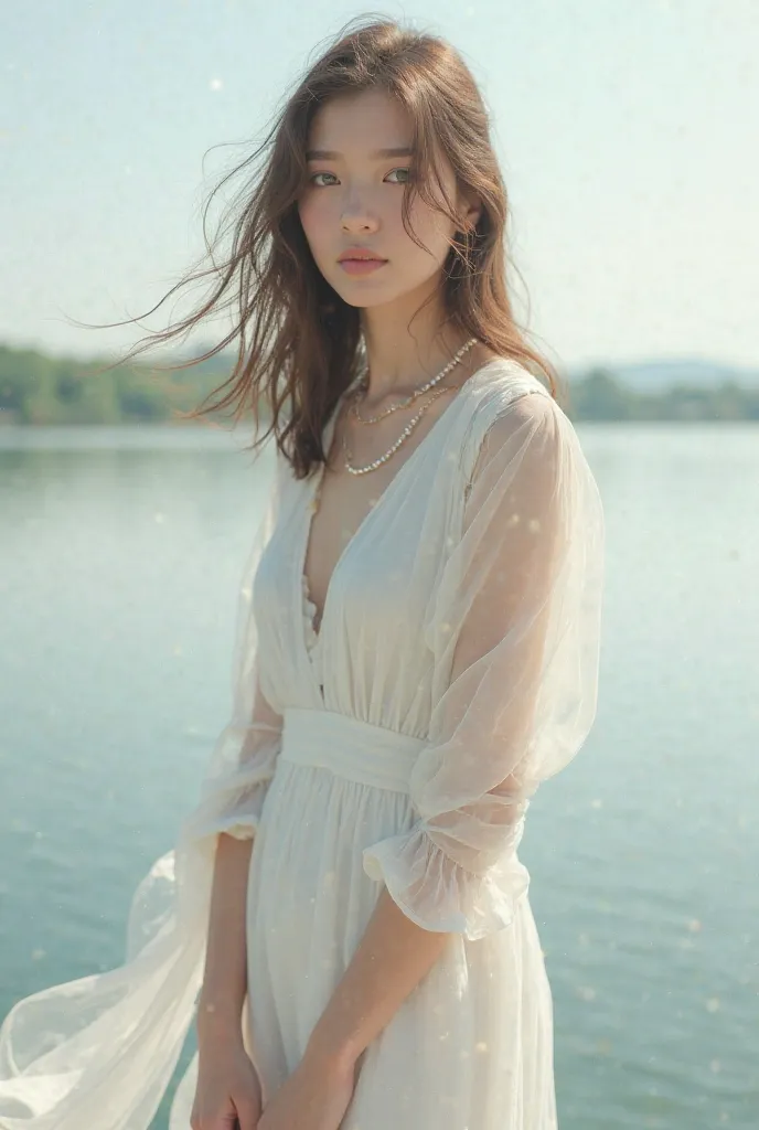 Create a realistic image of a age girl on the waterfront with brown hair and green eyes long straight hair dressed in a white dress a thread of makeup pearl necklace 