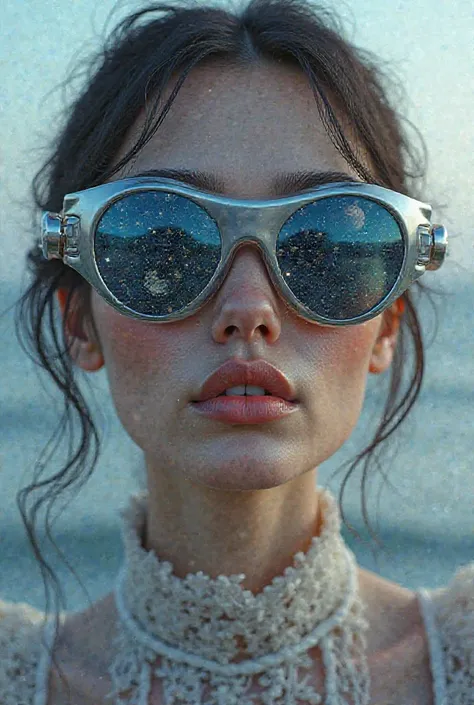 The model is wearing glass sunglasses with stars and the moon on the glass