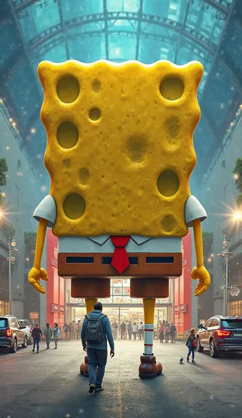 Imagine a giant SpongeBob walking toward the entrance of a massive store, which is fully visible from the front. His enormous back dominates the scene as he approaches. In front of the store, small cars are parked, and tiny people walk around, unaware of t...