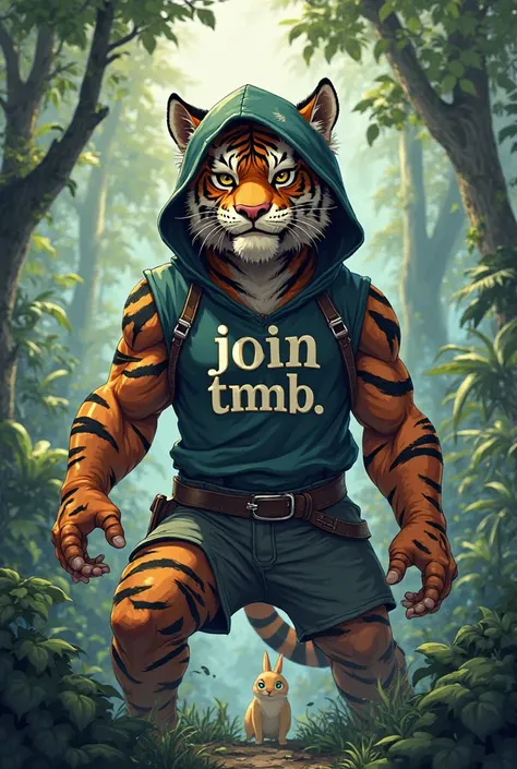 Animated Assassin Tiger with "Join TMNB" on his Torso and wearing Hoody , background is in the Jungle with Cute female Rabbit at the back