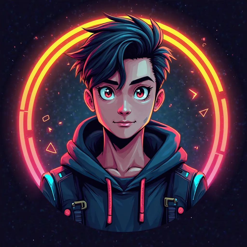 "A high-quality, modern YouTube logo featuring a digital avatar of a young male with stylish black hair, sharp eyes, and a confident expression. The avatar is designed in a semi-realistic, cyberpunk style with dark-themed colors, highlighted with neon oran...