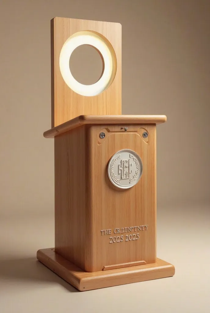 Dias table or lecture stand made of wood containing lighting circle shape monogram at middle and (ssc batch 2025)written at the bottom of the dias table or lecture 