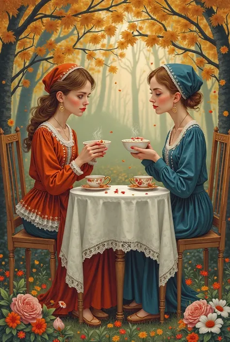 there are two women sitting at a table with a cup of tea, slavic folk fairytale, russian folk fairytale, 😃😀😄☺🙃😉😗, illustration!, traditional russia, by Grytė Pintukaitė, tea , by Maksimilijan Vanka, llustration, inspired by Maksimilijan Vanka