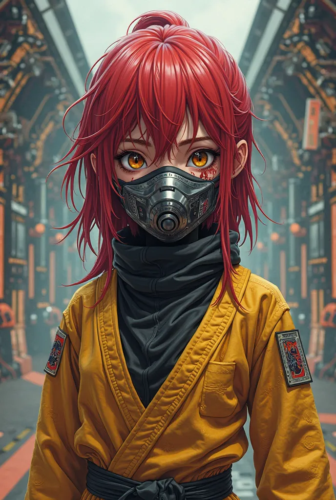 cartoon character he has red hair wearing all black tactical suit and covid metallic mask, bloody face and bruised, wearing yellow karate suit, close up, futuristic temple, anime, cartoon.