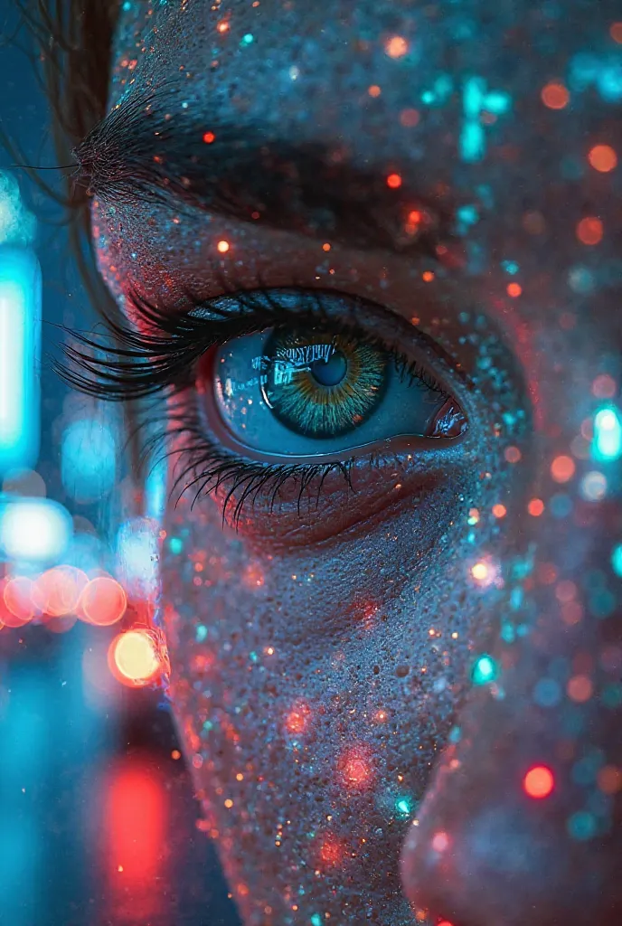 masterpiece, digital art, highly intricate double exposure art inspired by Yuumei, close-up of a person’s eye, superimposed on a bustling city street, cyberpunk aesthetic, trending on CGSociety, multiple exposure technique, overlaying textures with glowing...