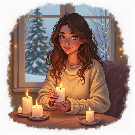 **Prompt Description:**  

A **27-year-old** beautiful woman with wavy brown hair sits in a cozy, softly lit room, carefully lighting a scented candle. She wears an oversized, warm sweater, and her expression is calm and relaxed as she watches the gentle f...