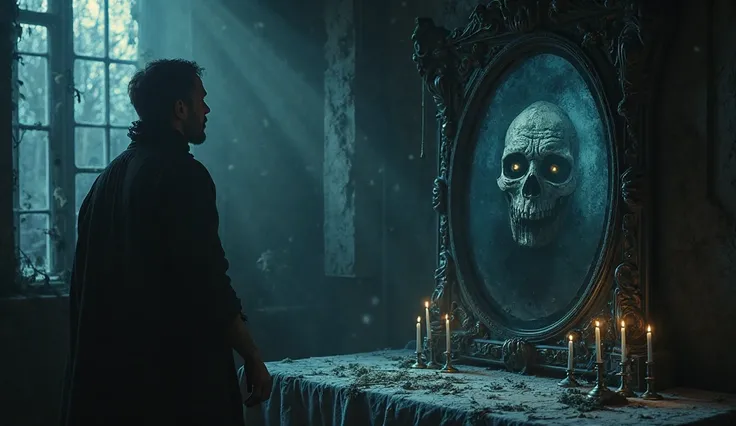 realistic image of a HAUNTED MIRROR IN A ROOM at night, in the illuminated night, cold night and macabre liquid darkness