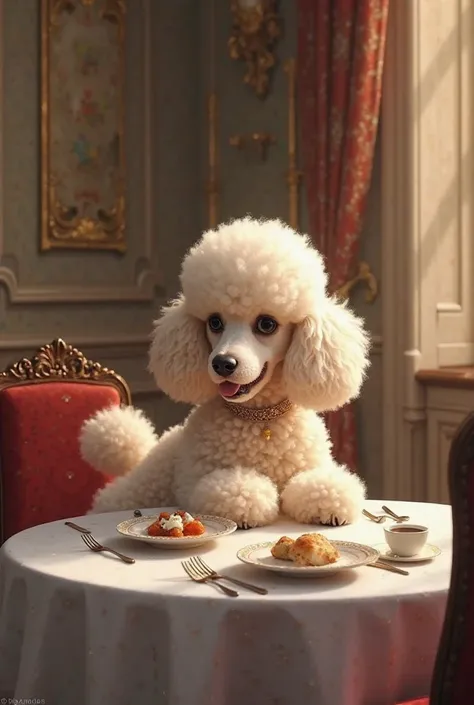 Poodle breed dog is sitting eating food at the dining table