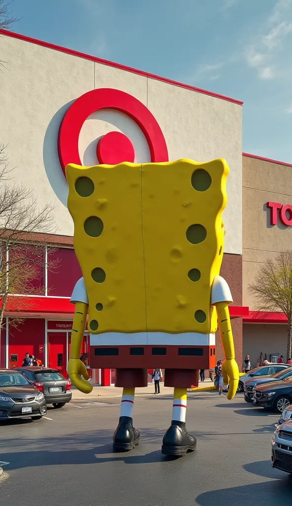 Imagine a giant SpongeBob walking toward the entrance of a massive Target store. His enormous back dominates the scene as he approaches. The Target logo is visible on the building, though only part of it can be seen from the slightly high-angle perspective...