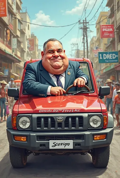 Caricature d'un fonctionnaire qui utilise la pickup mahindra scorpion pour ses courses personnelle 