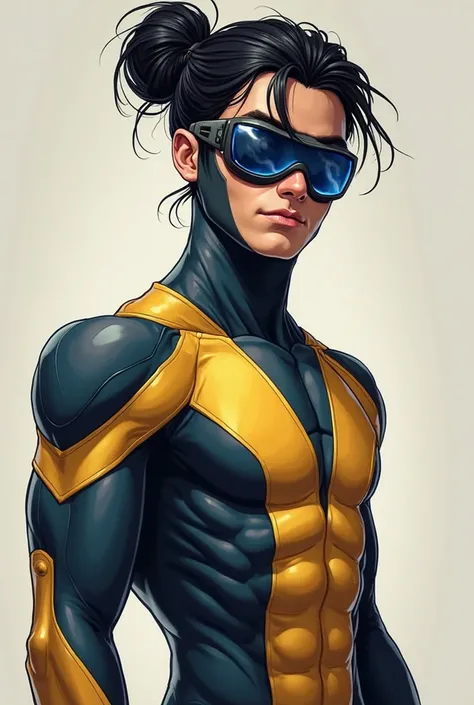 Gender: Male
Ethnicity: Latino
Skin: Fair
Height: 1.78 meters
Hair: Black, tied in a visible bun.
Suit:
Colors: Dark blue, mustard yellow, and white.
Style: Sleek, modern, and aerodynamic with dynamic lines along the arms and torso.
Mask:
Similar to Invinc...