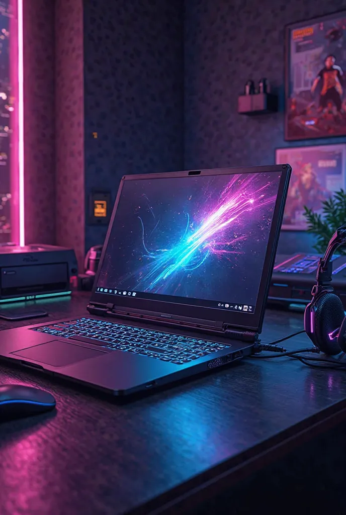 I want you to act like a professional graphic designer and create a 1080x1320 image for me of a gaming laptop with a CPU, printer, mouse and headphones, on a dark background with neon colors